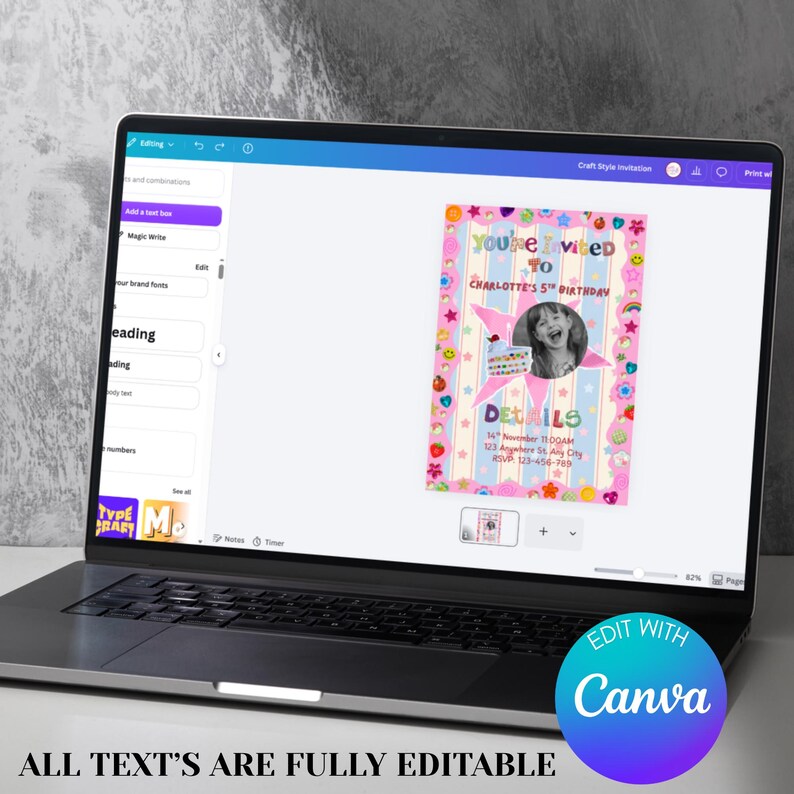 A laptop screen shows a bright, playful birthday invitation being edited in Canva. The design has pink stripes and a border filled with fun stickers like stars, hearts, rainbows, smiley faces, and flowers. A round black‑and‑white photo of a smiling child sits beside a cute birthday cake illustration. The layout is colorful, crafty, and whimsical, with text noting that all wording is fully editable.