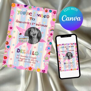 A colorful birthday invitation appears both as a printed card and on a smartphone. The design has pastel pink and blue stripes with playful stickers like stars, hearts, smiley faces, rainbows, strawberries, and flowers. A round photo of a smiling child sits beside a cute cake illustration. Bright decorations surround the layout, creating a cheerful, whimsical, Fancy‑Nancy‑inspired birthday feel.