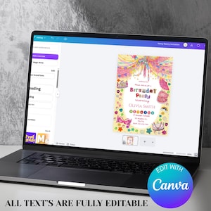 A Fancy Nancy–style birthday invitation is shown on a laptop screen inside Canva, surrounded by colorful glitter‑like crowns, hearts, stars, and ribbons. The bright pink and pastel design feels whimsical and glamorous as the editable text celebrates Olivia Smith’s party. The scene highlights fun, creative digital customization with a sparkly, cheerful vibe.