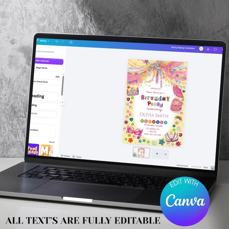 A Fancy Nancy–style birthday invitation is shown on a laptop screen inside Canva, surrounded by colorful glitter‑like crowns, hearts, stars, and ribbons. The bright pink and pastel design feels whimsical and glamorous as the editable text celebrates Olivia Smith’s party. The scene highlights fun, creative digital customization with a sparkly, cheerful vibe.