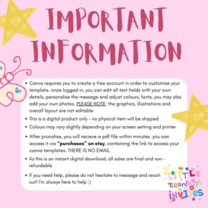 A pastel graphic titled “Important Information” features a rainbow at the top with tiny confetti dots scattered around the border. The text appears in friendly bullet points, explaining how Canva templates work, noting that you can edit text and colors but not the graphics or layout. It also mentions that the product is digital only, colors may vary, downloads arrive instantly, and all sales are final.