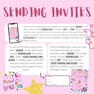A pastel instructional graphic titled “Sending Your Invites” features a rainbow banner at the top with scattered confetti dots. Small illustrations show a smartphone displaying a birthday invitation and a printed version beside it. The text explains how to download, save, and share invitations digitally or print them at home or professionally. A small “Little Confetti Invite” logo sits in the corner.