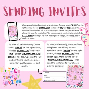 A colorful Fancy Nancy–style guide with pastel rainbow borders, glitter‑like confetti, and playful decorative accents. The graphic explains how to save, send, and print digital invitations from Canva. Soft pinks, purples, and yellows create a whimsical, cheerful feel, making the instructions look fun, bright, and easy to follow. Craft Birthday Party, Fancy Invitation, Whimsical Birthday Invite, Girl Birthday Invitation, Fun to be One, Editable Printable