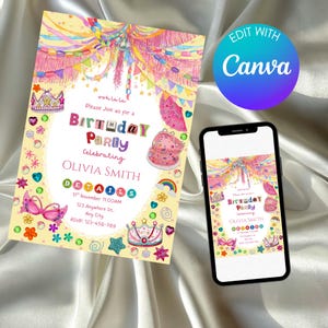 A vibrant Fancy Nancy–style birthday invitation filled with colorful glitter‑like accents, whimsical crowns, sparkling stars, playful hearts, and bright confetti. The design features bold pinks and yellows, a fancy cake illustration, and a festive layout shown both as a printed card and on a phone screen, creating a joyful, glamorous party vibe.