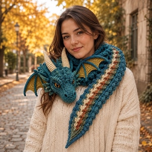 May include: A teal crochet dragon scarf featuring a detailed head with cream-colored horns, yellow-accented wings, and a long, textured tail section with a central stripe of cream and brown scales, worn over a cream-colored knit sweater.