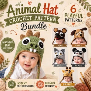 Può includere: Un pacchetto di schemi digitali all'uncinetto con sei design di cappelli a forma di animale, tra cui dinosauro, orso, cucciolo, lupo, panda e giraffa. Il testo recita Animal Hat Crochet Pattern Bundle, 6 Playful Patterns, Dinosaur Hat Included, Instant PDF Download e Beginner Friendly.