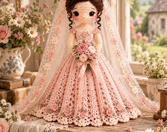 Crochet Bride Doll Pattern PDF, Wedding Amigurumi, Floral Bridal Gown (Digital Download)