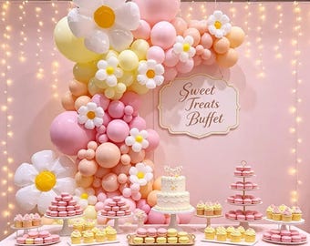 Daisy Balloon Garland Kit, 113pcs Soft PinkYellow Flower Balloon, Sweet Birthday Party, Baby Shower, Bachelorette Party, Wedding Decor