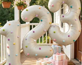 Cream Number Balloons 1-9, Cream Number Balloon 32 inch, Set with Colorful Pom Pom, Birthday Party Decor, Neutral Party Decor, Baby Shower