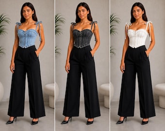 Top corsetto in denim da donna, bustier con laccetti sulle spalle, crop top con corsetto e stecche, canotta in denim stile Y2K, top estivo per uscire, corsetto con cerniera frontale
