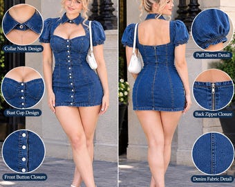 Blue Denim Mini Dress for Women, Vintage Jean Dress, Puff Sleeve Bodycon Dress, Button Front Mini Dress, Cute Summer Party Outfit