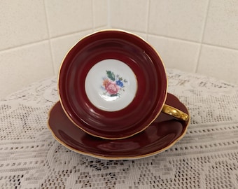 Vintage Royal Bayreuth Cup and Saucer Burgundy Floral Victorian Cottage Shabby Chic 1940s