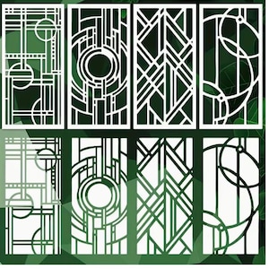 May include: Eight white Art Deco style panels with geometric designs. The panels feature lines, circles, and angular shapes. The background is a gradient of green hues, creating a layered effect. The panels are arranged in two rows of four.