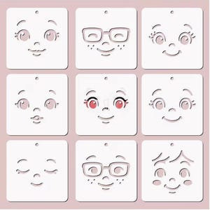 May include: Nine white square stencils with various smiling face designs. Each stencil features cut-out eyes, noses, and mouths, with some including glasses or eyelashes. A small hole is at the top of each square.