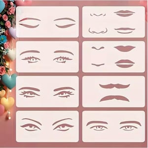 May include: A set of eight white stencils featuring various facial features. The stencils include eyes, noses, mouths, and mustaches, perfect for makeup or art projects. Each stencil is rectangular and has a cutout design.