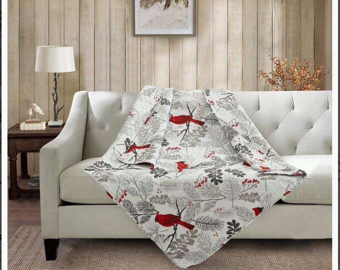 NEW Farmhouse Red Cardinal Bird Printed Quilted Throw Blanket Christmas