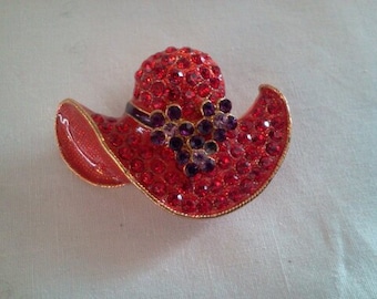 Vintage Red Hat Rhinestone Pin