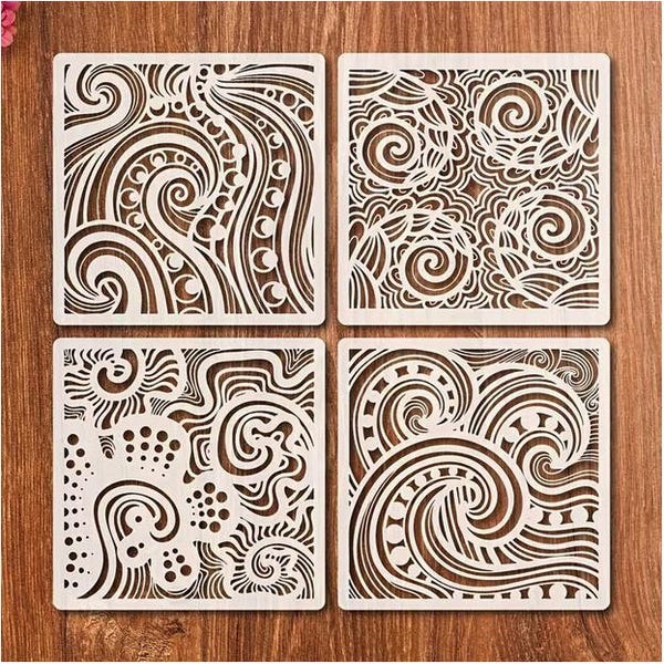 Boho Abstract Stencil Set of Four Texture Painting Crafts Plastic Swirl Pattern Stencils Drawing Wall Art Scrapbooking Card Creation