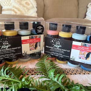 May include: Two Color Pour Magic pre-mixed pouring paint kits. Each kit contains four 4 fl oz (118.3 ml) bottles in various colors. The kits include cell magic and instructions. The bottles have black caps and are packaged in clear plastic.