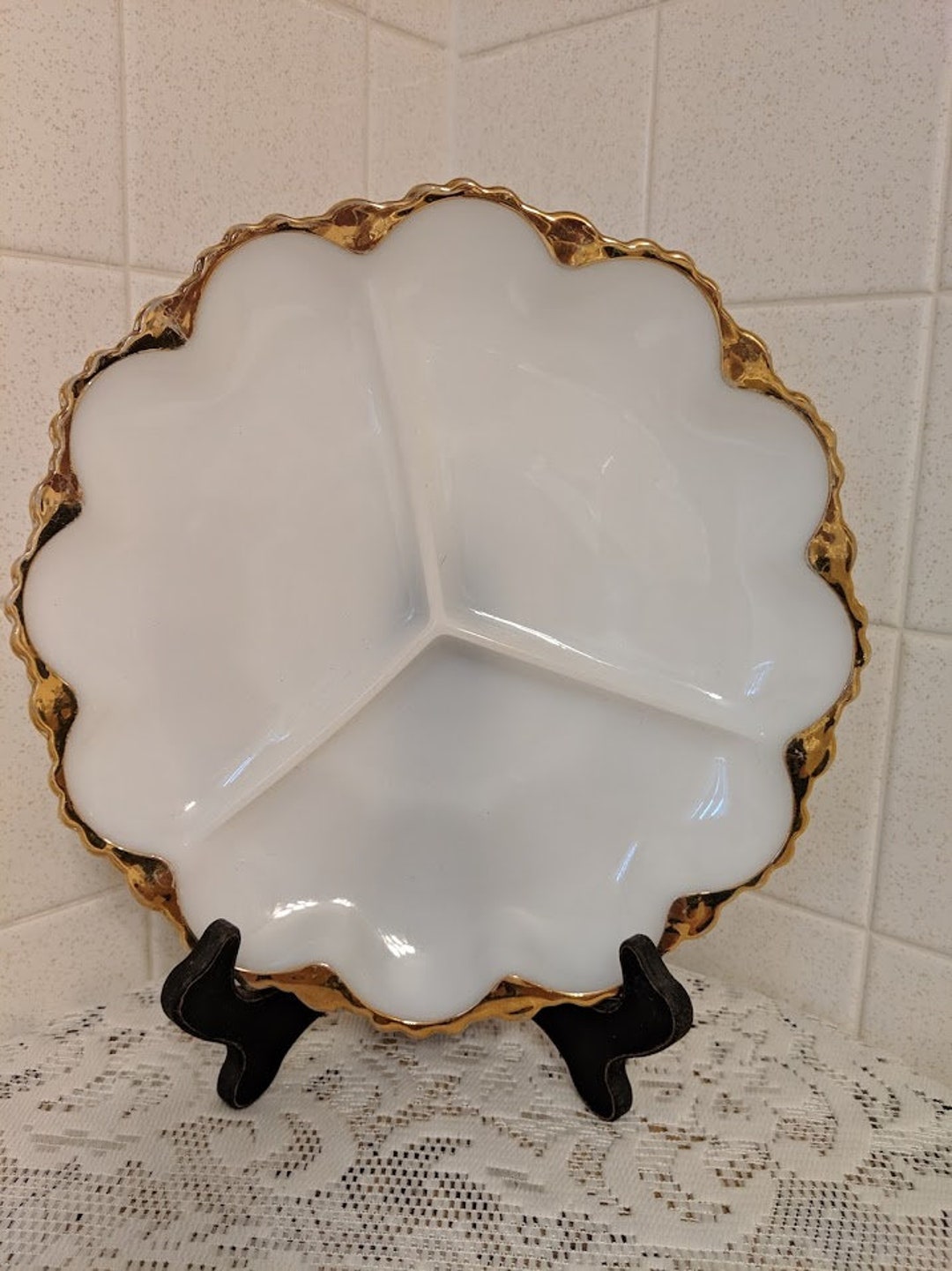 Vintage Milk Glass Divided Dish Relish Vegetable Tray Gold Trim Etsy