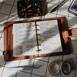Puede incluir: Una agenda de anillas de cuero marrón abierta en una página de planificación semanal con notas manuscritas, líneas de cuadrícula y pegatinas circulares. La agenda está rodeada por un estuche con estampado de zorros, una pluma y cintas.
