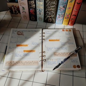 May include: An open ring-bound planner with a grid layout, filled with handwritten notes, orange highlighter strips, and a small cat sticker. A clear fountain pen rests diagonally across the right page. Seven colorful hardcover books stand in the background.