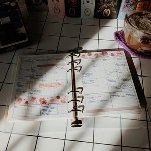 May include: An open ring-bound planner with a grid layout, featuring handwritten notes, colorful strawberry and bear-themed washi tape, and a monthly calendar view. The planner pages include a habit tracker, daily task sections, and notes.