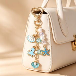 Könnte beinhalten: Eine cremefarbene Handtasche mit einem herzförmigen, goldfarbenen Verschluss-Schlüsselanhänger. Der Anhänger besteht aus einem hellblauen Muschel-Anhänger, einem blauen Oktopus, einem blauen Seestern und einer weiteren Muschel mit Perle.