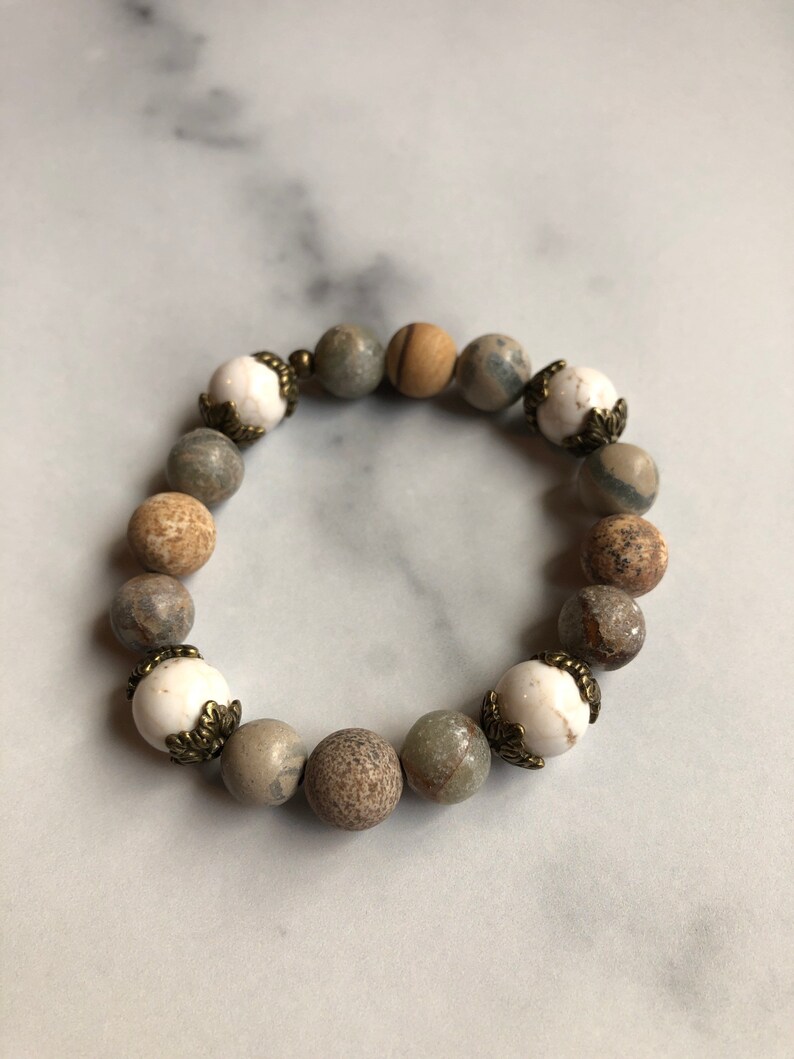 Handmade Authentic Gemstone Bracelet Green Stretchy Elastic and White Beaded Bracelet Brown