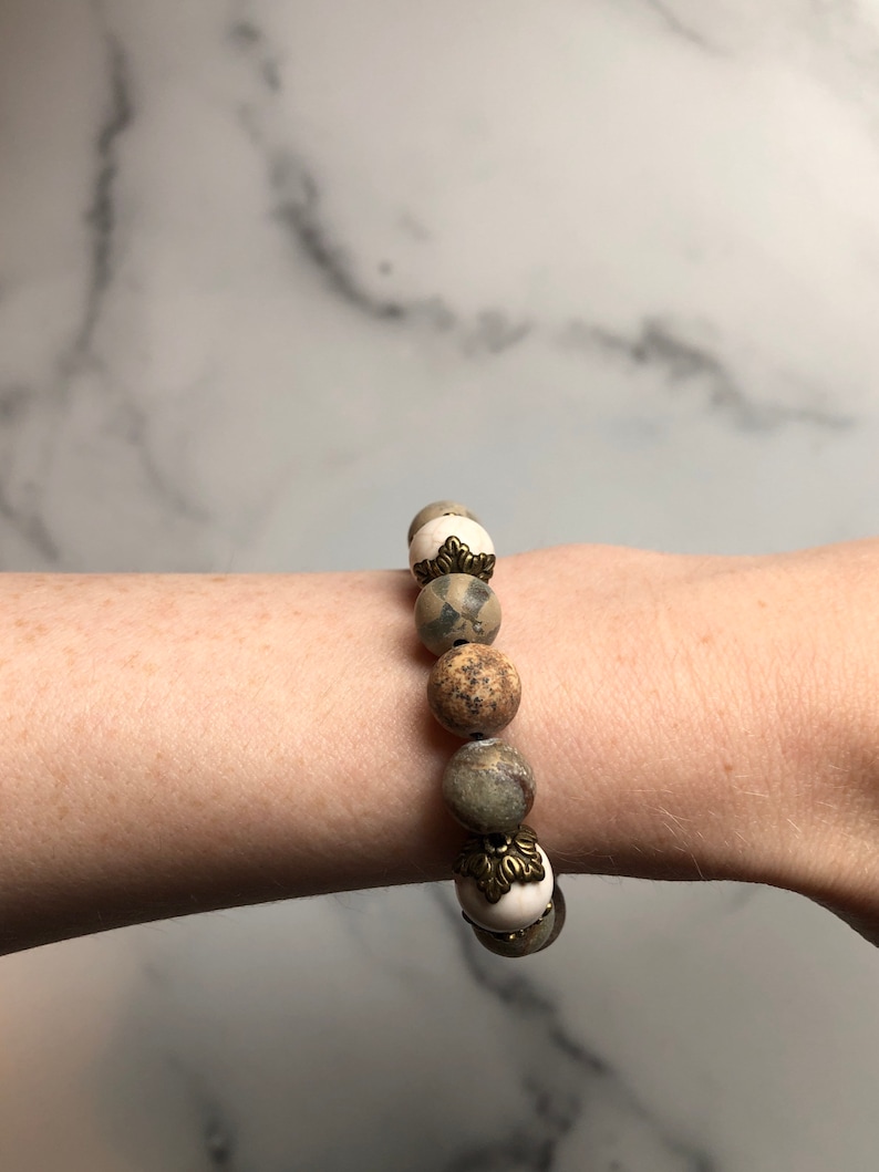 Handmade Authentic Gemstone Bracelet Green Stretchy Elastic and White Beaded Bracelet Brown