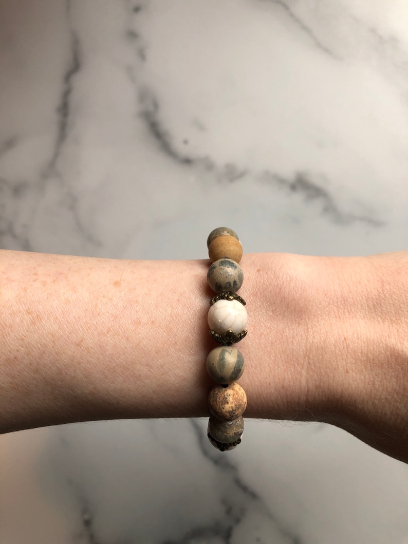 Handmade Authentic Gemstone Bracelet Green Stretchy Elastic and White Beaded Bracelet Brown