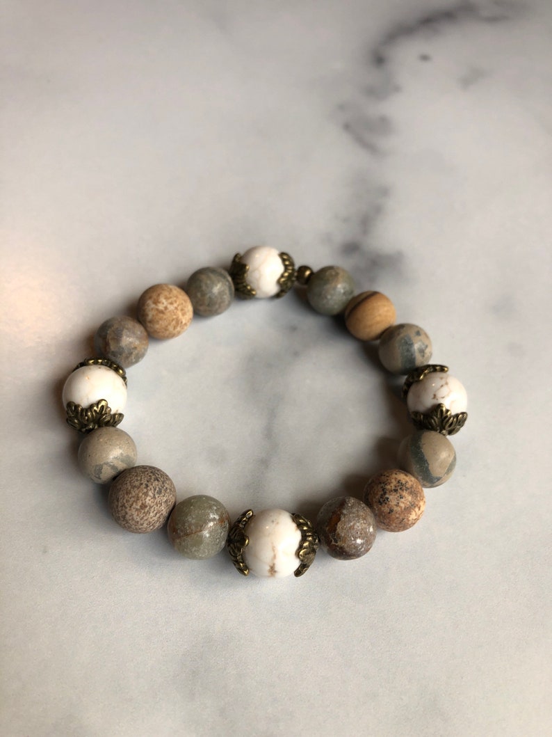 Handmade Authentic Gemstone Bracelet Green Stretchy Elastic and White Beaded Bracelet Brown