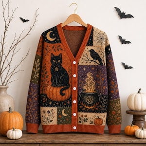 May include: A V-neck button-down cardigan featuring a patchwork design with Halloween-themed illustrations including a black cat on a pumpkin, a steaming cauldron, a crow, spiderwebs, crescent moons, and autumn leaves in orange, purple, and brown.