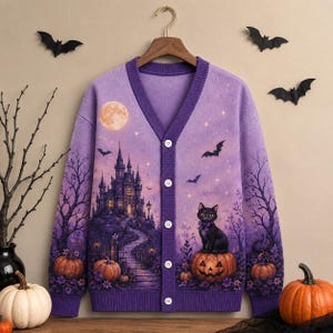May include: A purple V-neck cardigan featuring a graphic print of a haunted castle on a hill, a full moon, flying bats, bare trees, and a black cat sitting on a jack-o'-lantern. The sweater has a button-front closure with five white buttons.