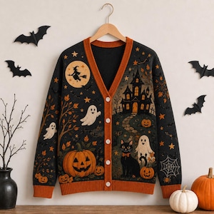 May include: A black V-neck cardigan featuring a Halloween-themed knit pattern with orange accents. The design includes a witch on a broomstick, a haunted house, ghosts, a black cat, pumpkins, stars, and a spider web. It has a button-front closure.