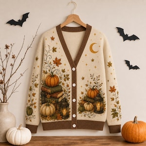 May include: A beige V-neck cardigan featuring a button-down front and brown ribbed trim. The knit fabric displays a printed pattern of orange pumpkins, stacked vintage books, lit lanterns, autumn leaves, stars, and a crescent moon.