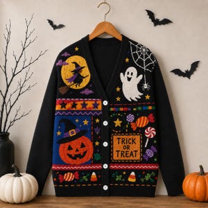 Trick or Treat Halloween Cardigan, Witch Ghost Pumpkin Candy Patchwork Knitted Button Sweater
