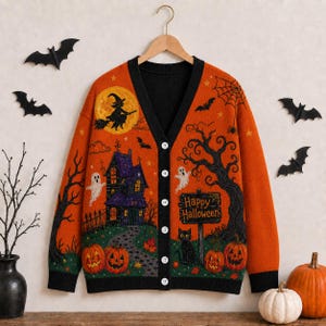 May include: An orange V-neck cardigan featuring a Halloween-themed knit pattern with a haunted house, a witch on a broomstick, ghosts, a black cat, pumpkins, and a sign that reads Happy Halloween, finished with black trim and white buttons.