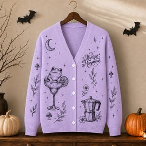 Lavender Midnight Margaritas Cardigan Jacket, Frog Cocktail, Moon, Moka Pot Botanical Print