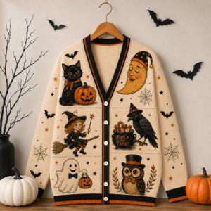 May include: A beige V-neck cardigan featuring a Halloween-themed pattern with a black cat, pumpkin, crescent moon, witch, crow, cauldron with the text Trick or Treat, ghost, and owl. The garment has a black button-down front and black trim.