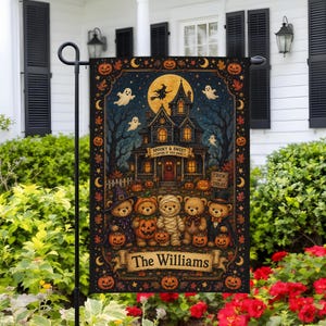 May include: A rectangular garden flag featuring a haunted house under a full moon with a witch silhouette, ghosts, and five teddy bears in Halloween costumes. The text reads "SPOOKY & SWEET ENTER IF YOU DARE", "TRICK OR TREAT", and "The Williams".