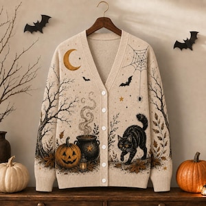 May include: A beige V-neck button-down cardigan featuring a graphic print of a black cat, a jack-o'-lantern, a steaming cauldron, a spider web, a crescent moon, and bare trees. The knit garment has long sleeves and a ribbed hem and cuffs.