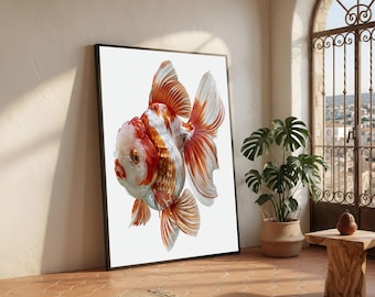 May include: A framed wall art print featuring a detailed illustration of a goldfish with vibrant orange and white scales, flowing fins, and a rounded body, set against a clean white background within a thin black frame.