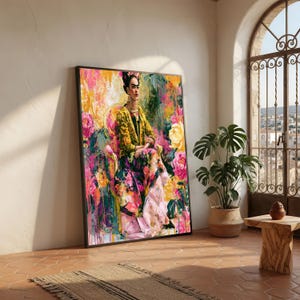 May include: A framed rectangular wall art print featuring a vibrant, abstract-style portrait of a person with dark hair and floral headwear, seated in a chair. The artwork uses a palette of bright pink, yellow, green, and white paint strokes.