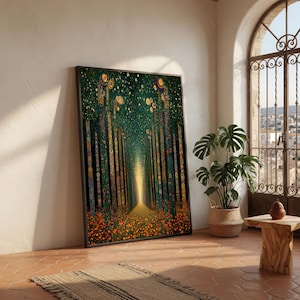 Enchanted Forest Path Oversized Wall Art, Colorful Tree Landscape Painting with Floral Meadow for Living Room Decor