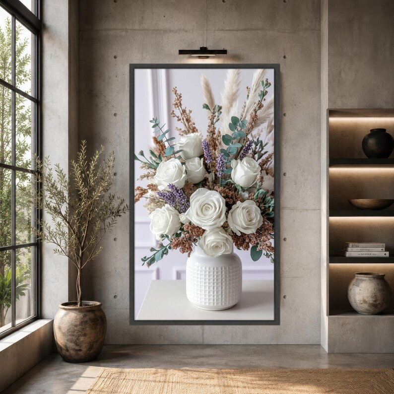 Neutral Roses Printable White Rose Floral Bouquet Canvas Print, Neutral Botanical Vase Art ...