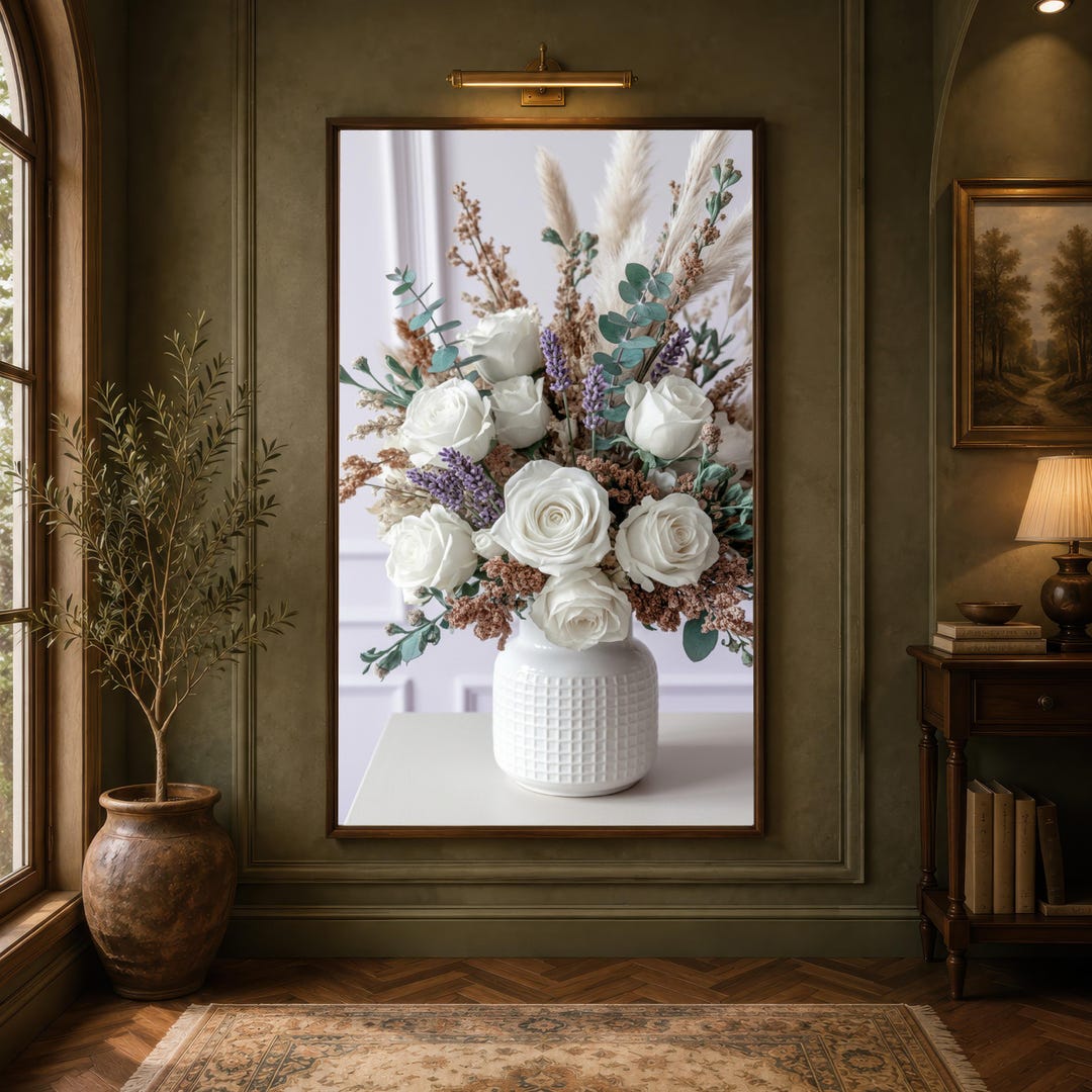 Neutral Roses Printable White Rose Floral Bouquet Canvas Print, Neutral Botanical Vase Art ...