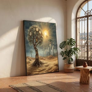 May include: A framed rectangular wall art print depicting a surreal desert landscape with a large tree featuring clock faces instead of leaves. The scene includes a bright sun, distant rock formations, and a sandy ground under a cloudy sky.