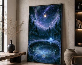Toile imprimée « Cerfs en forêt au clair de lune », Décoration murale « Ciel nocturne céleste », Paysage forestier fantastique