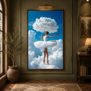 Ballet Dancer Wall Art, Ethereal Clouds Print, Elegant Canvas Decor